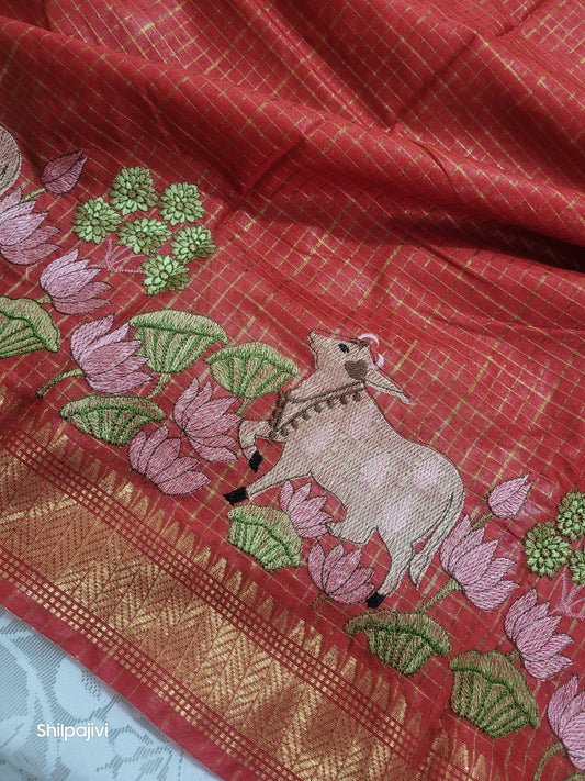Mangalagiri Zari stripe silk saree with Pichwai Embroidery - Candy orange
