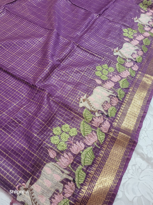 Mangalagiri Zari stripe silk saree with Pichwai Embroidery - Dark Purple