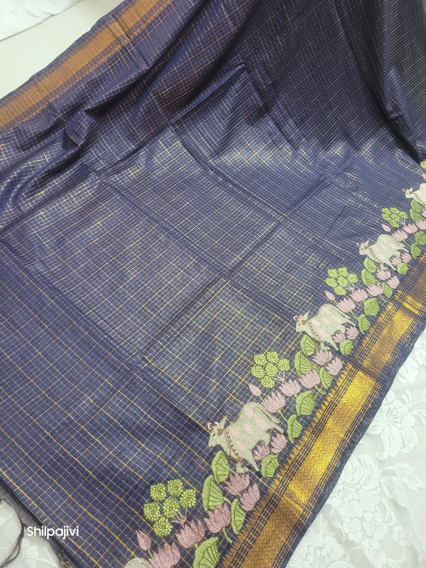 Mangalagiri Zari stripe silk saree with Pichwai Embroidery - Dark Blue