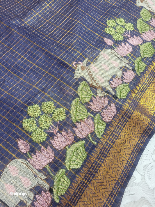 Mangalagiri Zari stripe silk saree with Pichwai Embroidery - Dark Blue