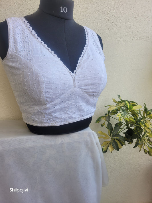 White chikankari readymade padded blouse - sleeveless