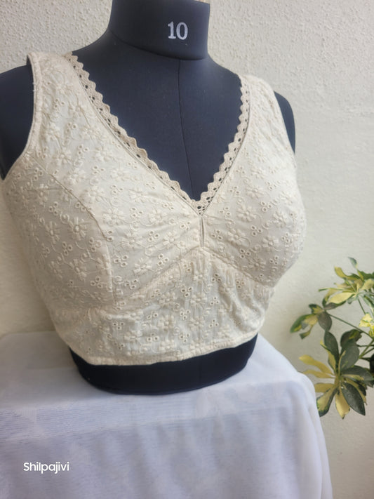 Offwhite chikankari readymade padded blouse - sleeveless