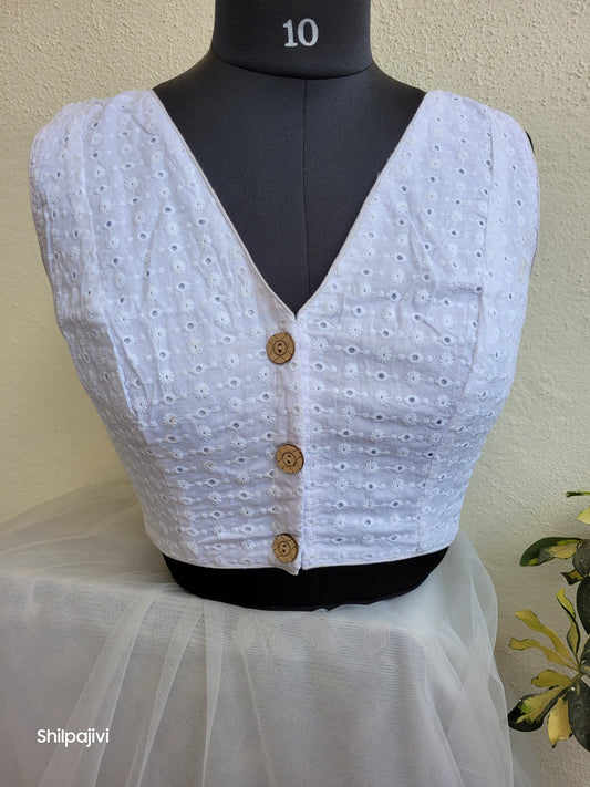 White chikankari readymade Non padded blouse - sleeveless