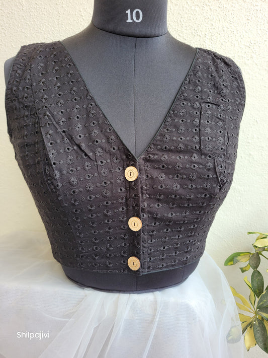 Black chikankari readymade Non padded blouse - sleeveless
