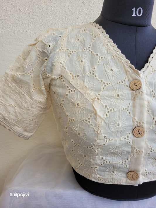 Offwhite chikankari Puff sleeves readymade Non padded blouse