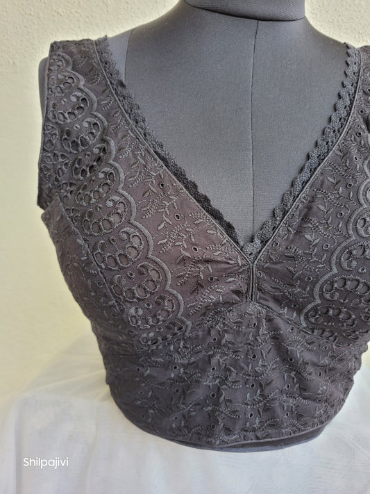 Black chikankari readymade padded blouse - sleeveless