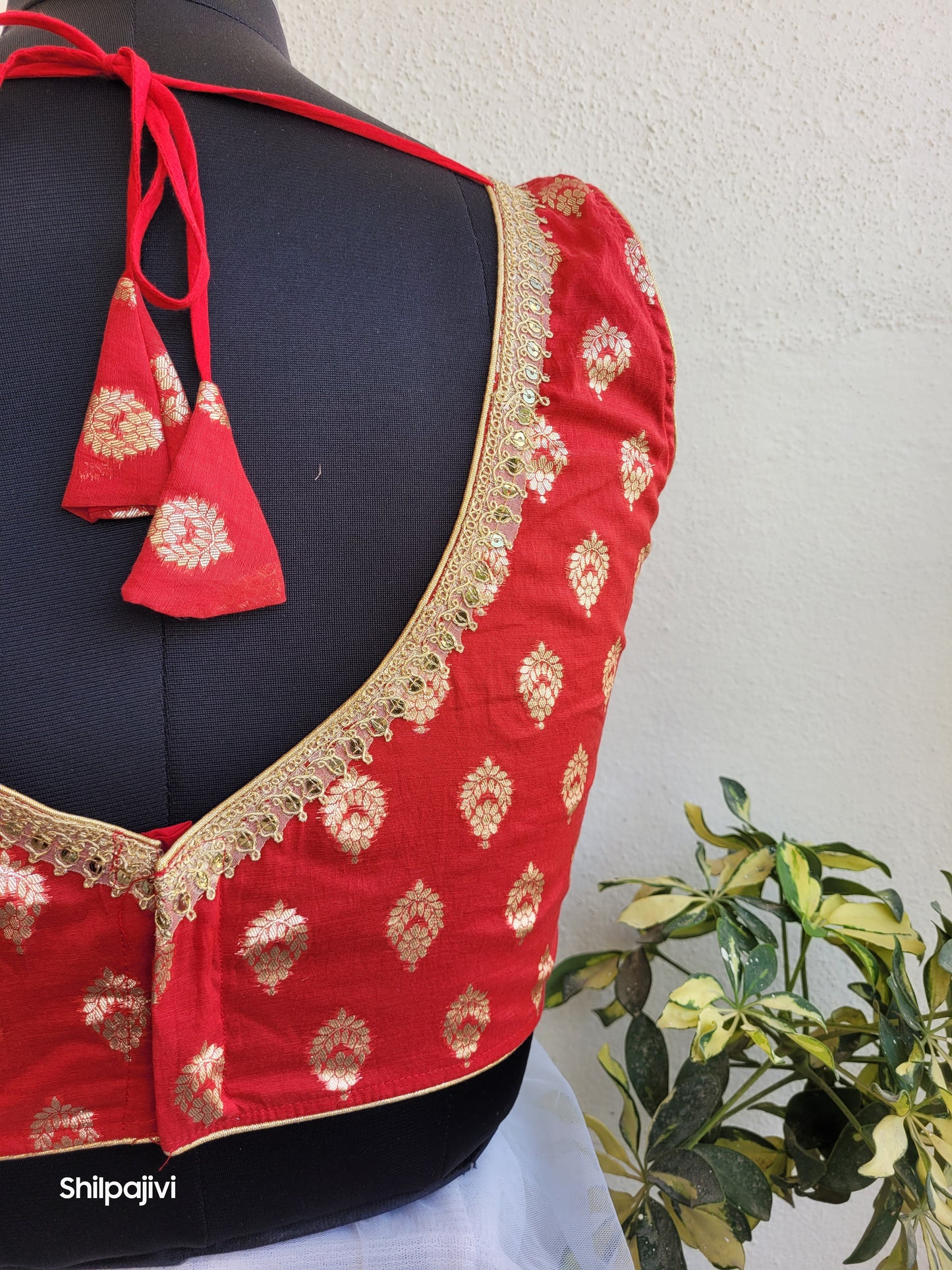 Silk Butta sleeveless padded Red Blouse