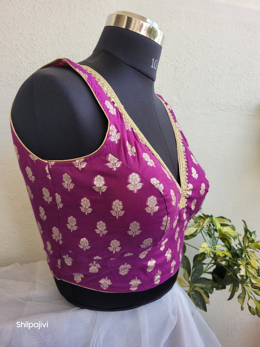Silk Butta sleeveless padded purple Blouse