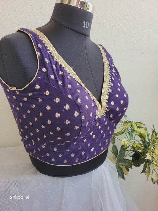 Silk Butta sleeveless padded Blue Blouse