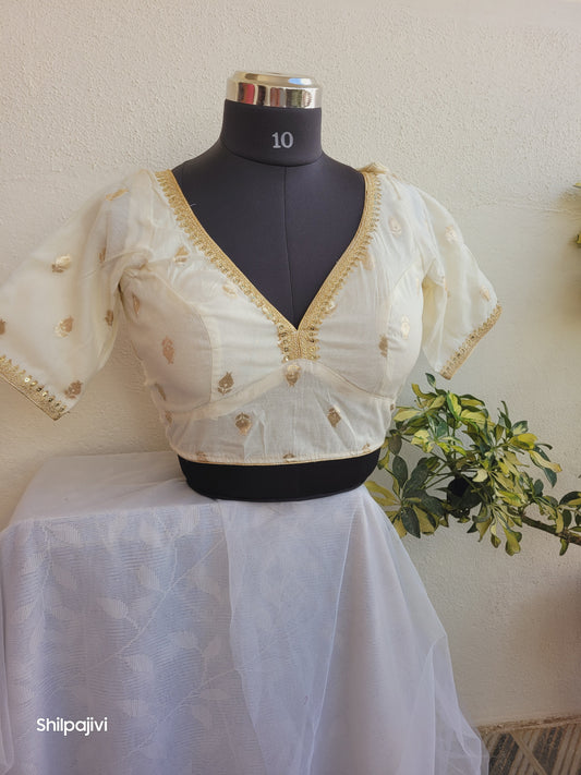 Silk Zari Butta Blouse with Sequence Lace work