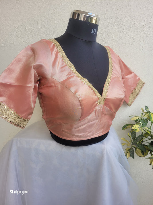 Shimmery Peach Tissue Silk Blouse with Sequence Lace