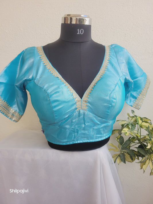 Shimmery Sky Blue Tissue Silk Blouse with Sequence Lace