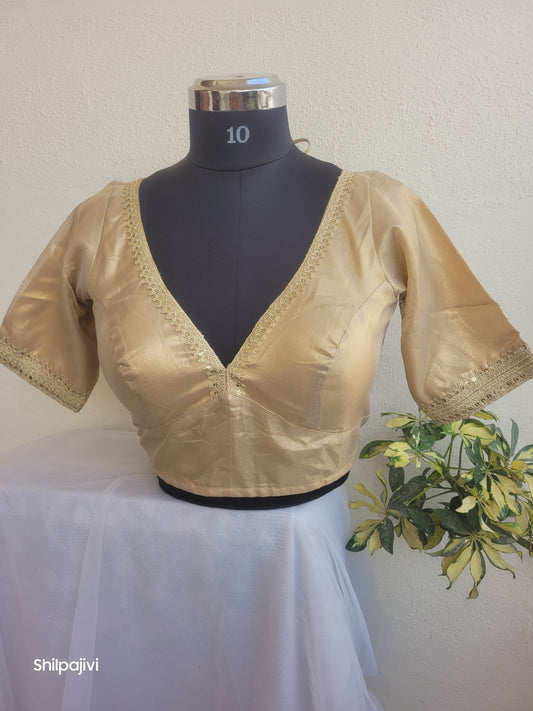 Shimmery Gold Tissue Silk Blouse with Sequence Lace