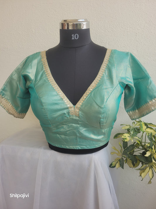 Shimmery Sea Green Tissue Silk Blouse with Sequence Lace