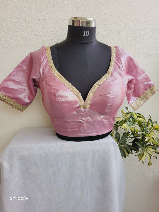 Shimmery pink Tissue Silk Blouse with Sequence Lace