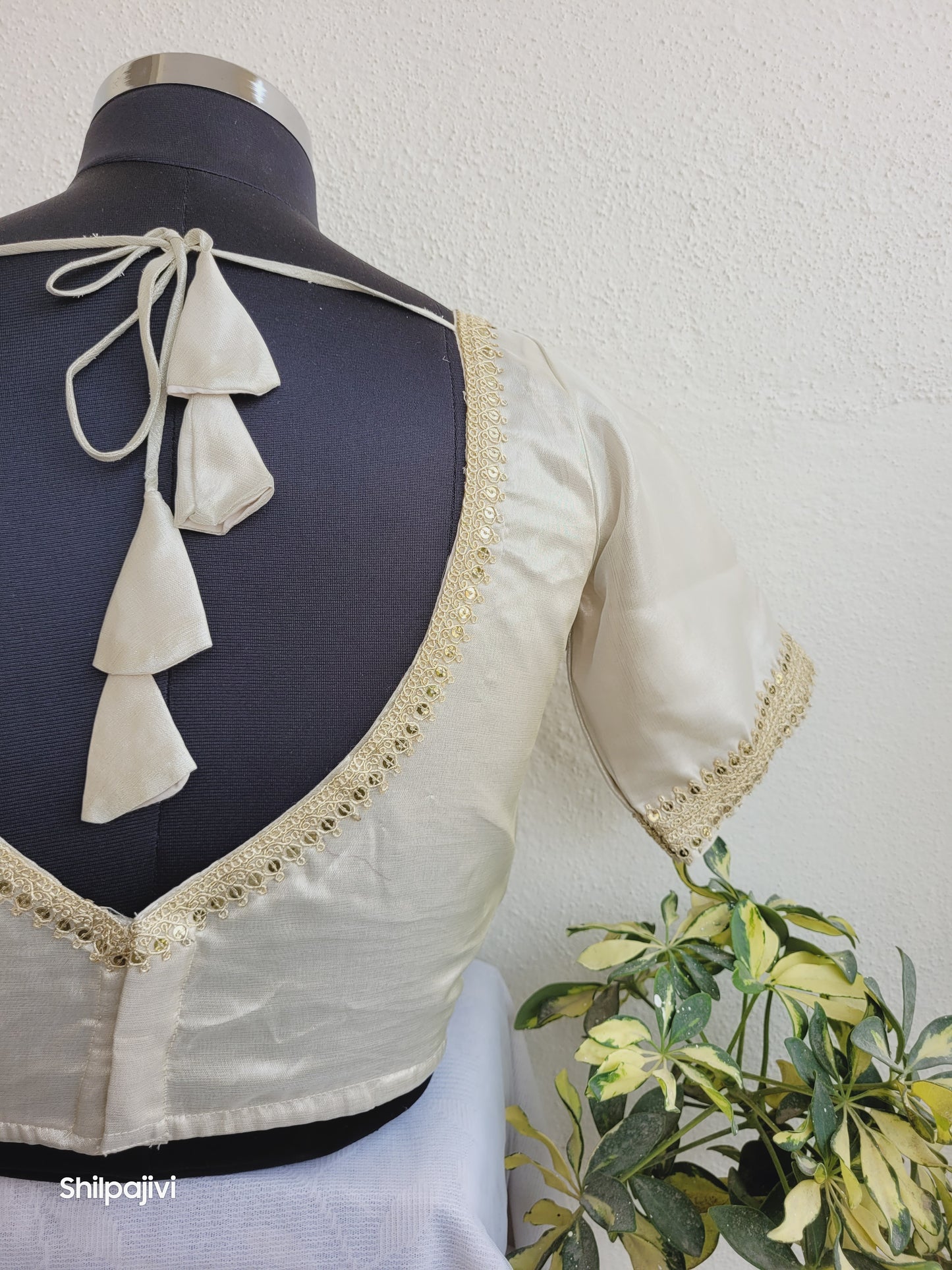 Shimmery offwhite Tissue Silk Blouse with Sequence Lace