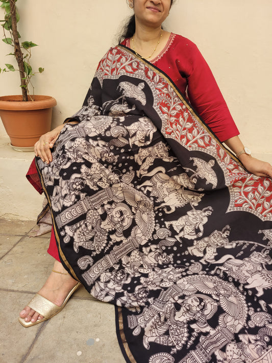 Kalamkari Chanderi Silk Dupatta - Black Ambari