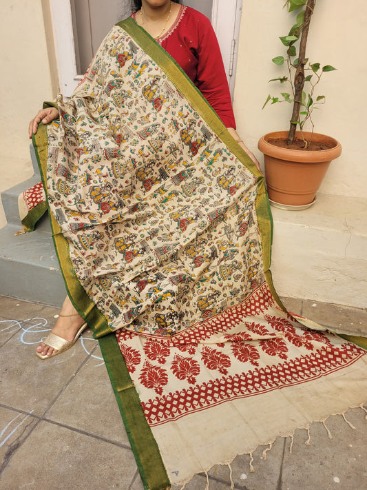 Kalamkari Green Chennur Silk Dupatta - village art