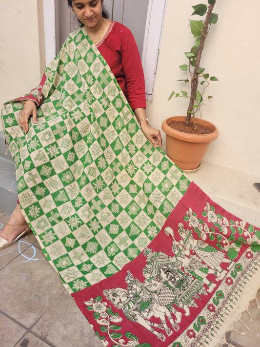 Kalamkari green Chennur cotton silk Dupatta - Kollam