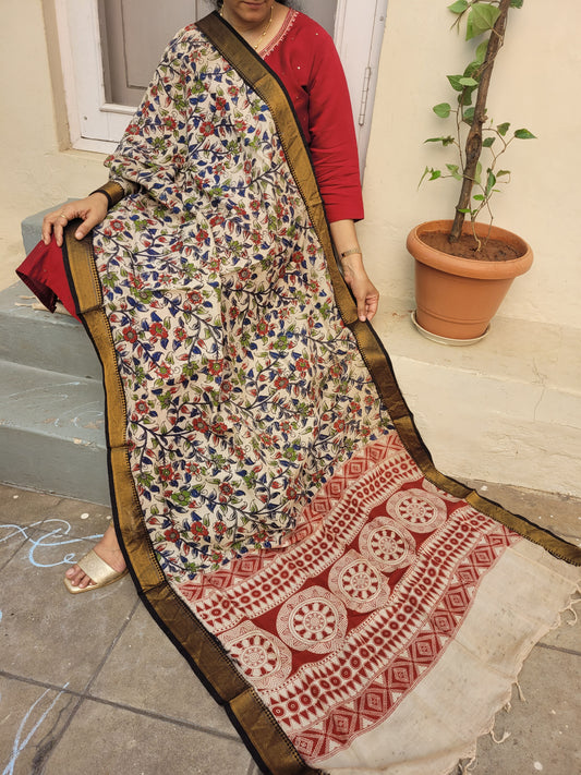 Kalamkari Green Chennur Silk Dupatta - Floral