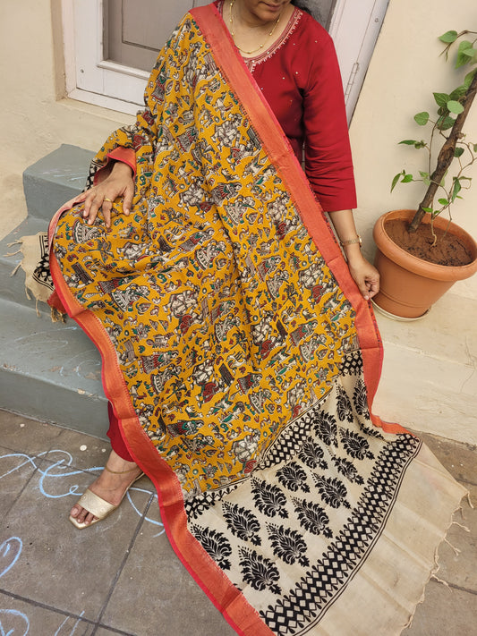Kalamkari Yellow Chennur Silk Dupatta - village art
