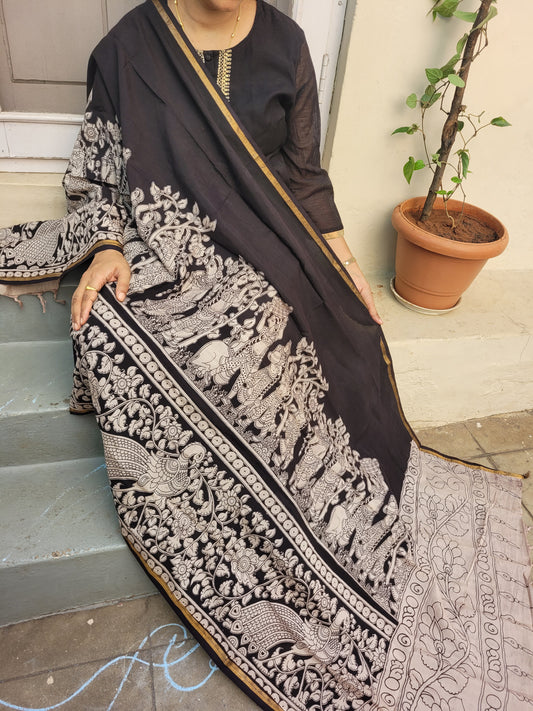 Kalamkari Chanderi Silk Dupatta - Black Mandali