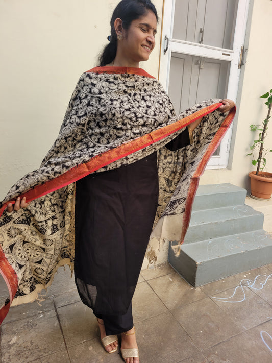 Kalamkari Chennur Silk Dupatta - Black & White with Orange border