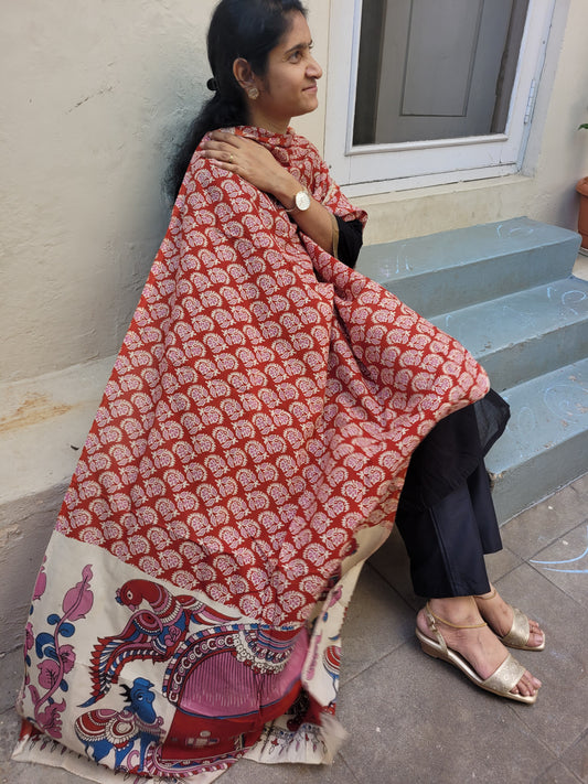 Kalamkari Chennur cotton silk Dupatta - Pink Butta