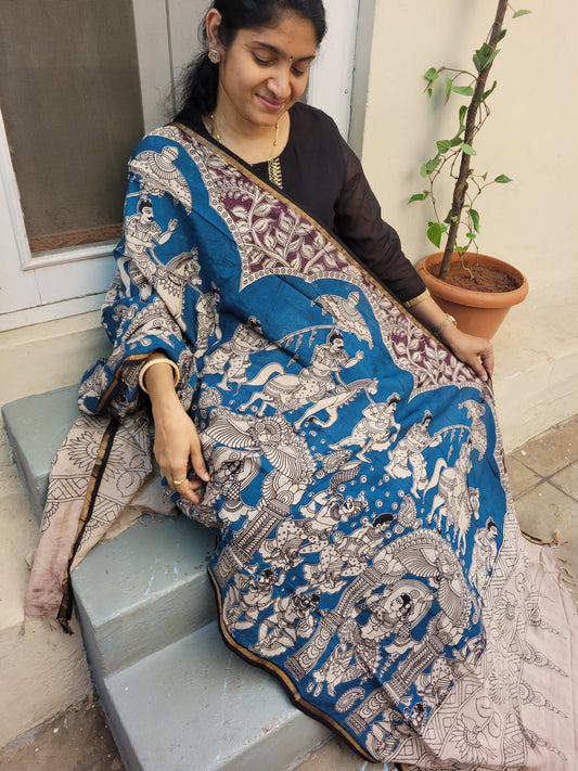 Kalamkari Chanderi Silk Dupatta - Blue Ambari