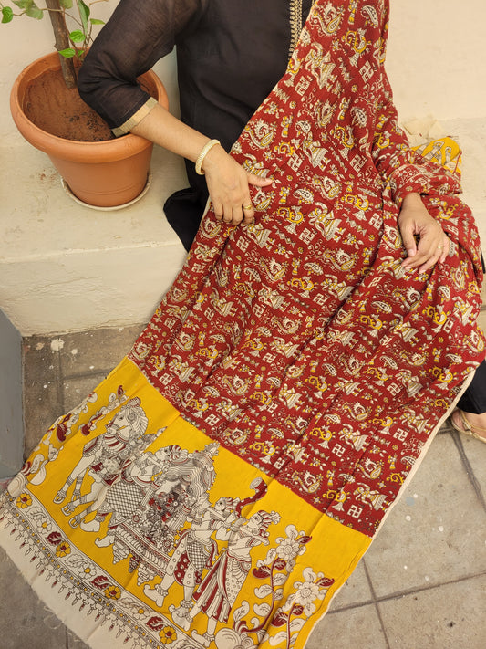 Kalamkari Chennur cotton silk Dupatta - Red & Yellow ambari