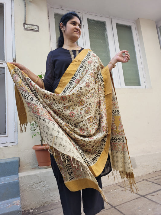 Kalamkari Chennur Silk Dupatta - Pale Yellow