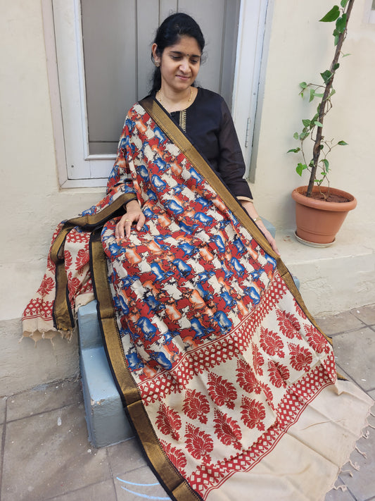 Kalamkari Chennur Silk Dupatta - Pichwai Red