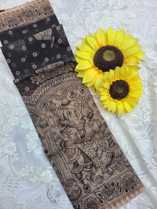 Kalamkari Kota cotton saree - without blouse (Black)