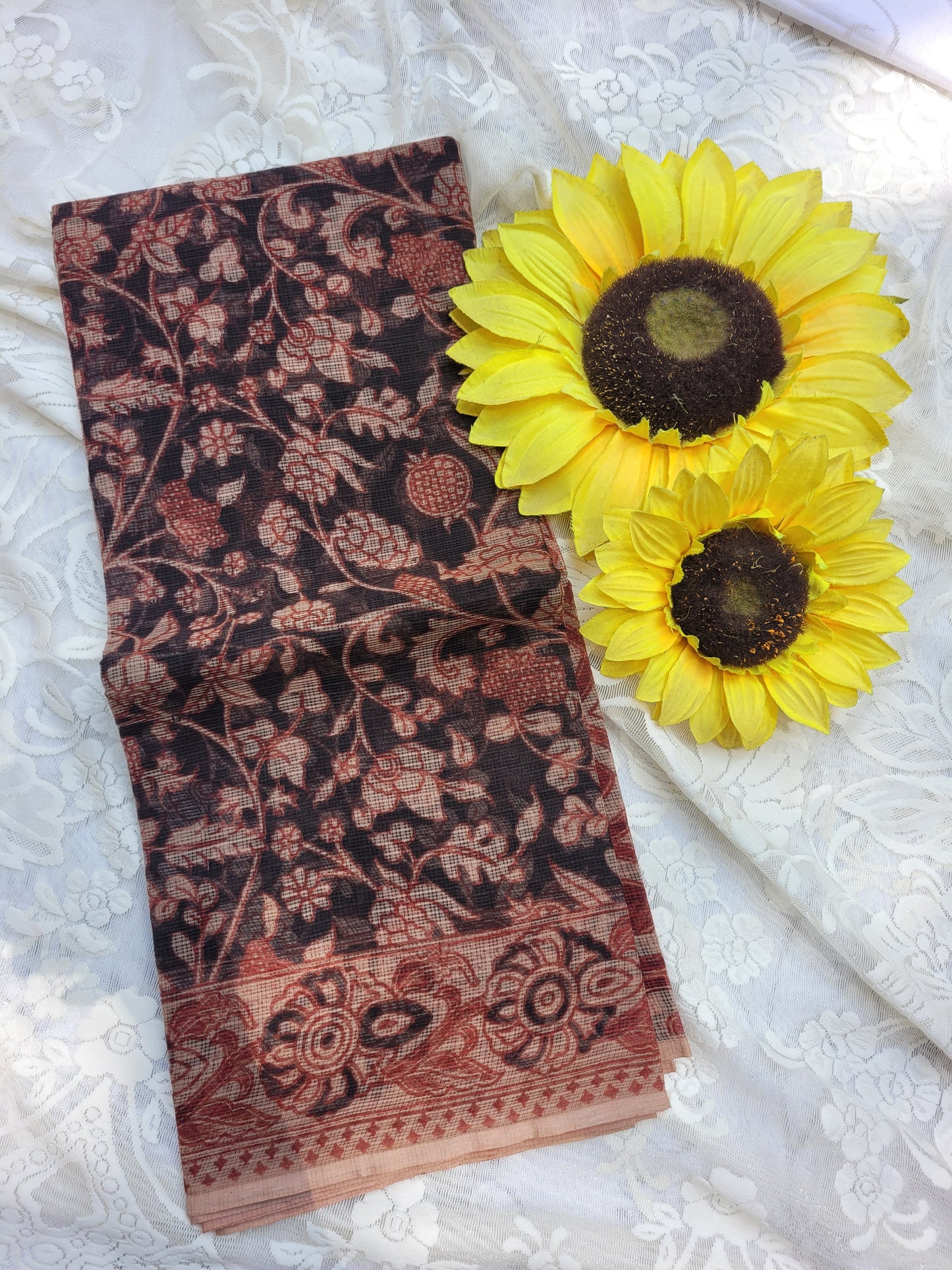Kalamkari Kota cotton saree - without blouse (Black Floral)