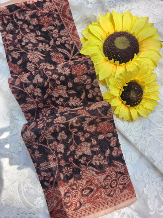 Kalamkari Kota cotton saree - without blouse (Black Floral)