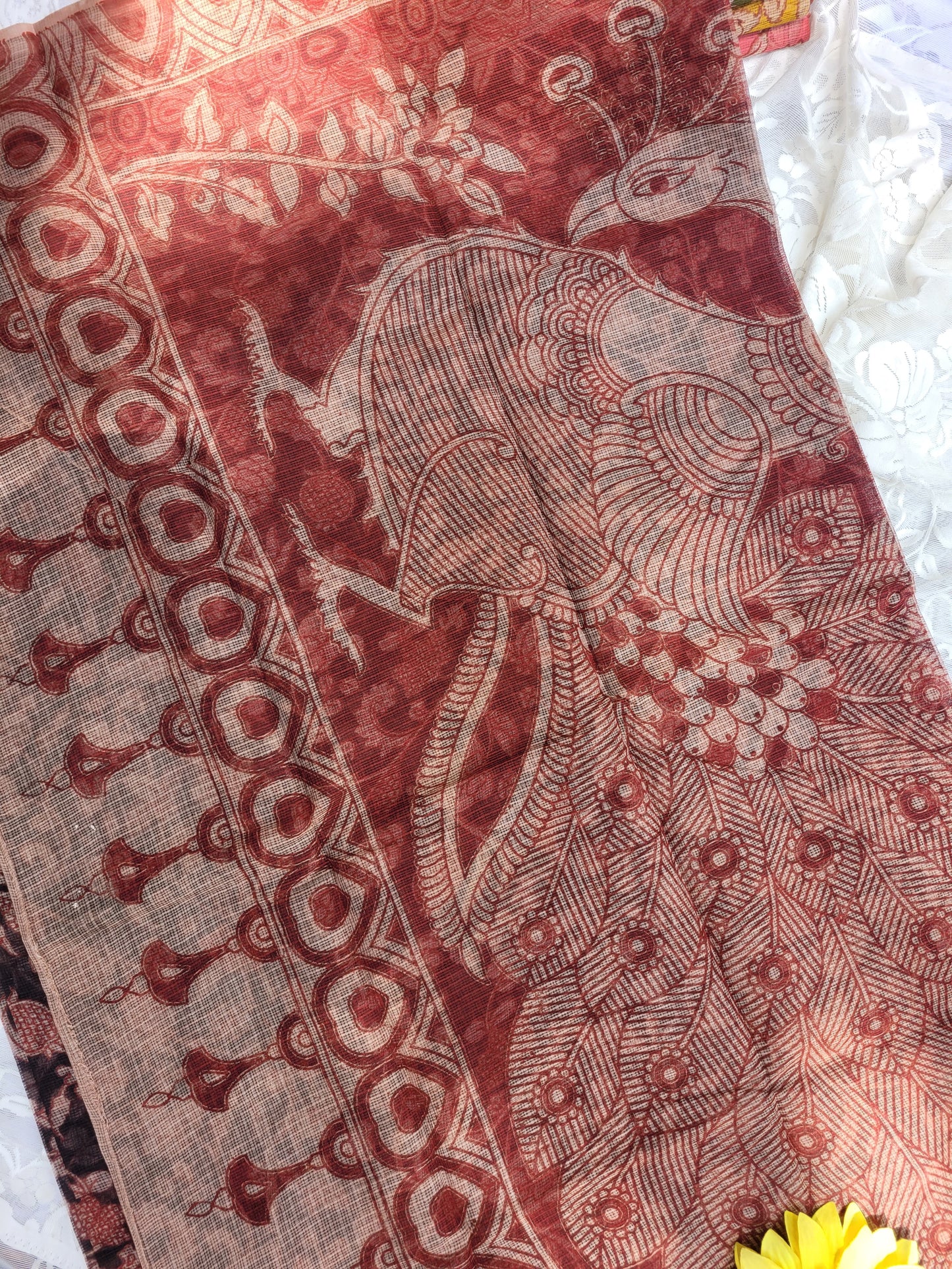 Kalamkari Kota cotton saree - without blouse (Black Floral)