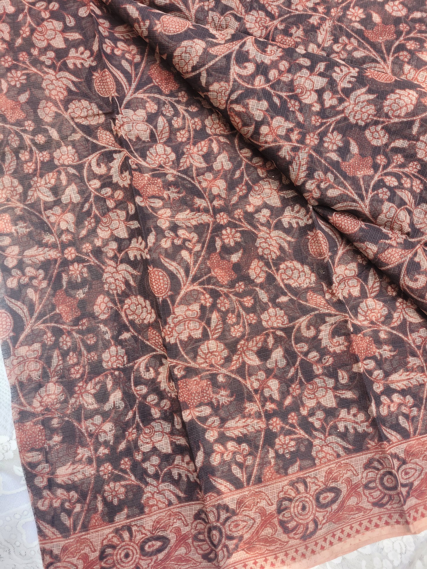Kalamkari Kota cotton saree - without blouse (Black Floral)
