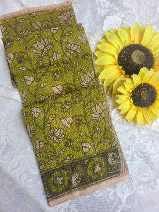 Kalamkari Kota cotton saree - without blouse (Green)