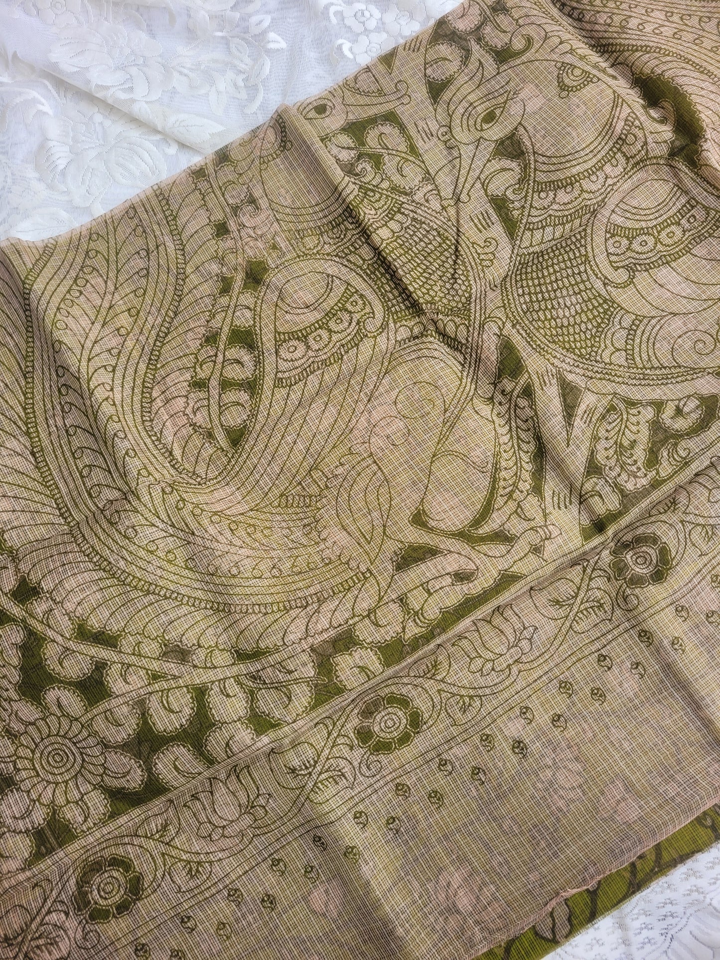 Kalamkari Kota cotton saree - without blouse (Green)