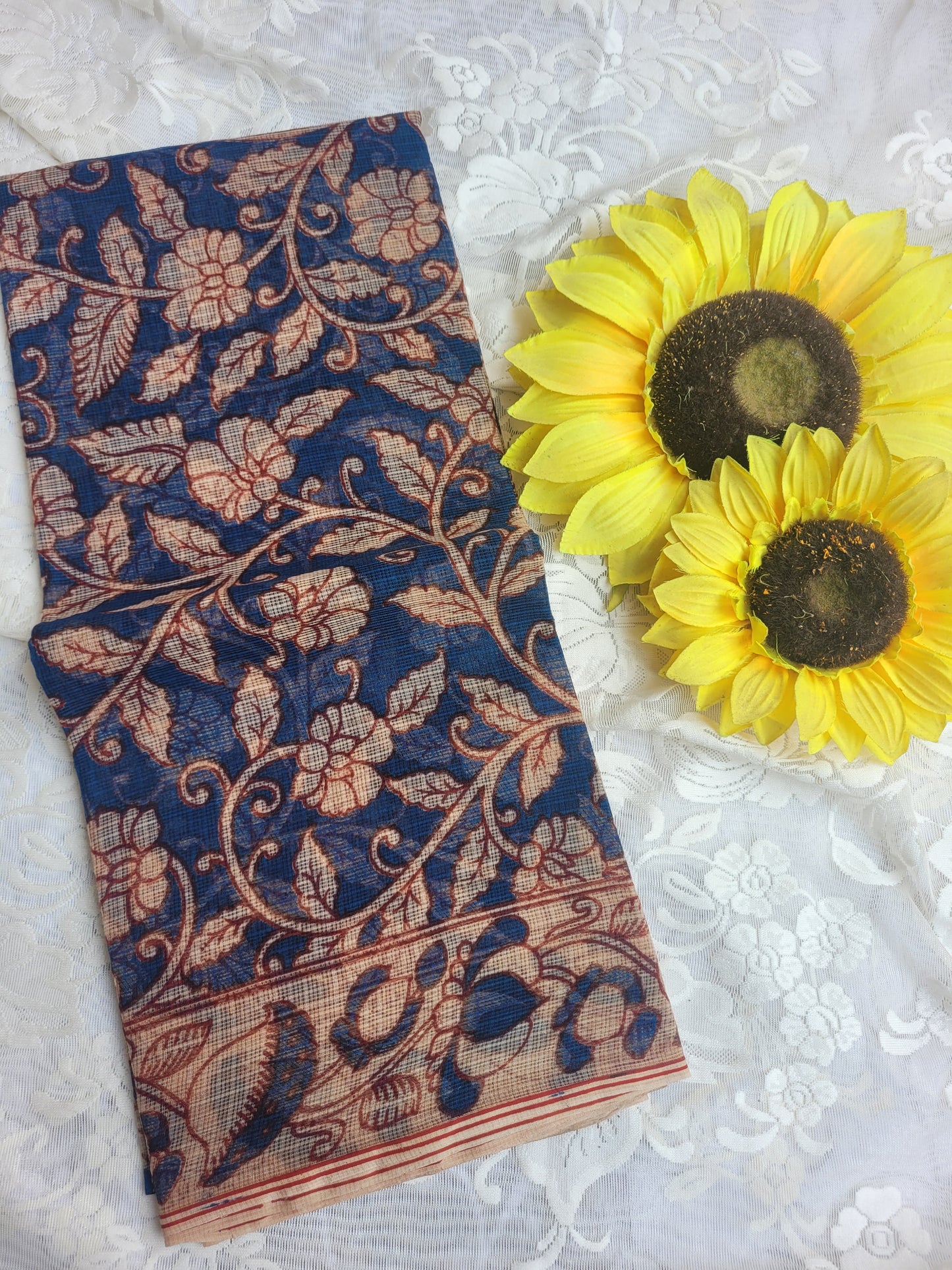 Kalamkari Kota cotton saree - without blouse (Floral Blue)