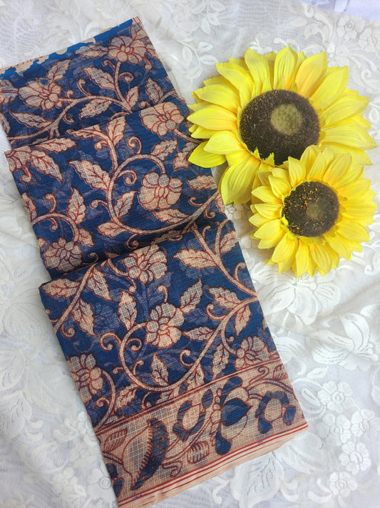 Kalamkari Kota cotton saree - without blouse (Floral Blue)