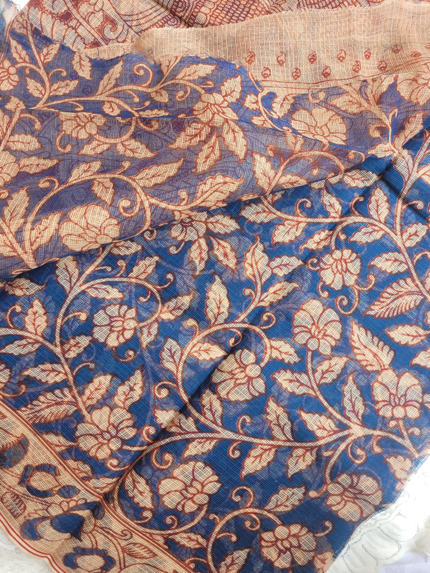 Kalamkari Kota cotton saree - without blouse (Floral Blue)