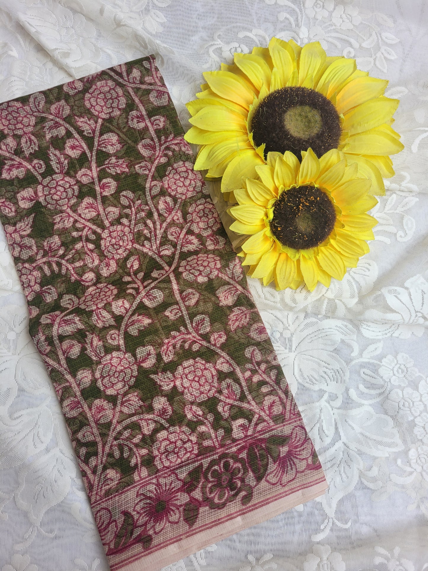 Kalamkari Kota cotton saree - without blouse (Mehandi Green Floral)