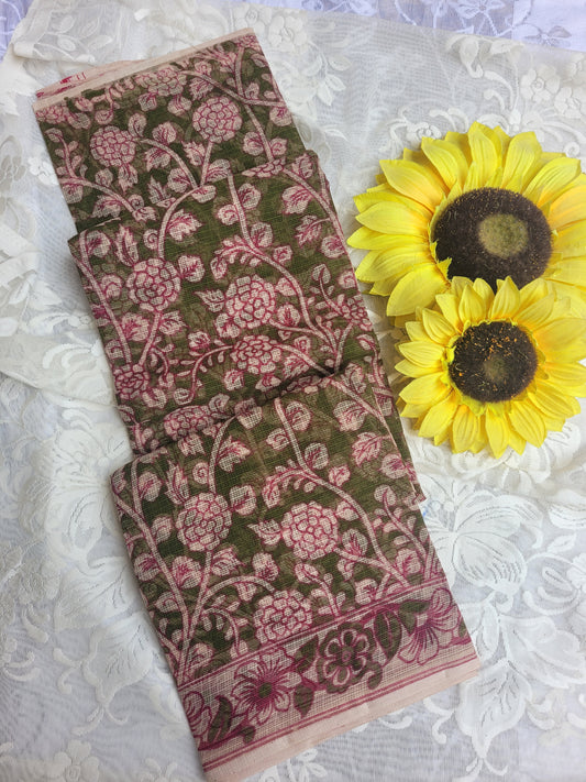 Kalamkari Kota cotton saree - without blouse (Mehandi Green Floral)