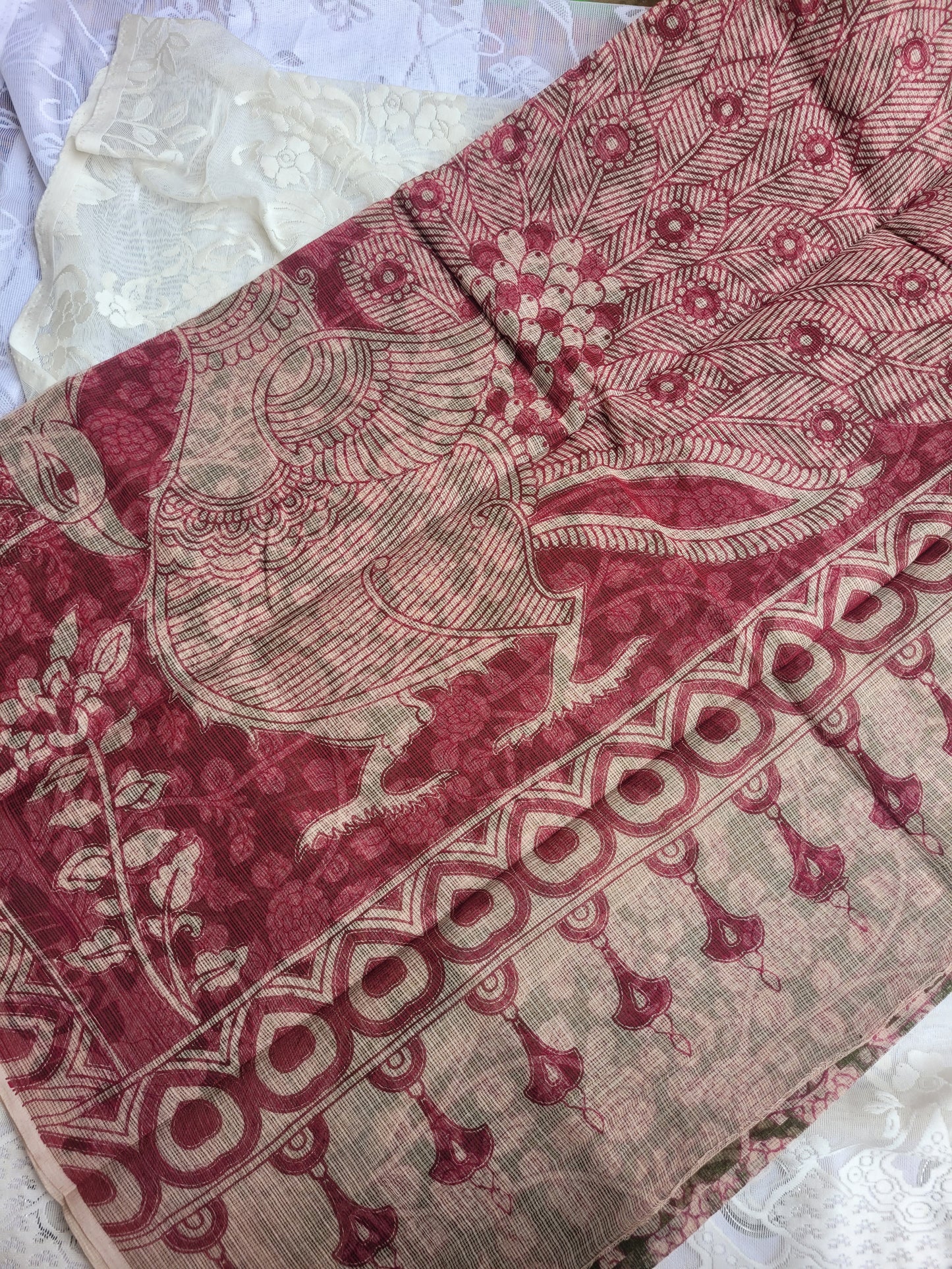 Kalamkari Kota cotton saree - without blouse (Mehandi Green Floral)