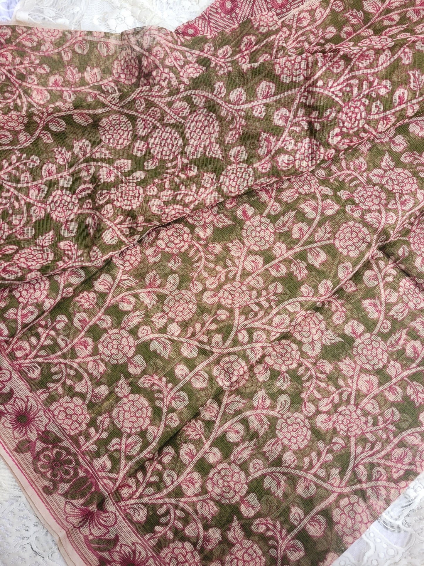 Kalamkari Kota cotton saree - without blouse (Mehandi Green Floral)