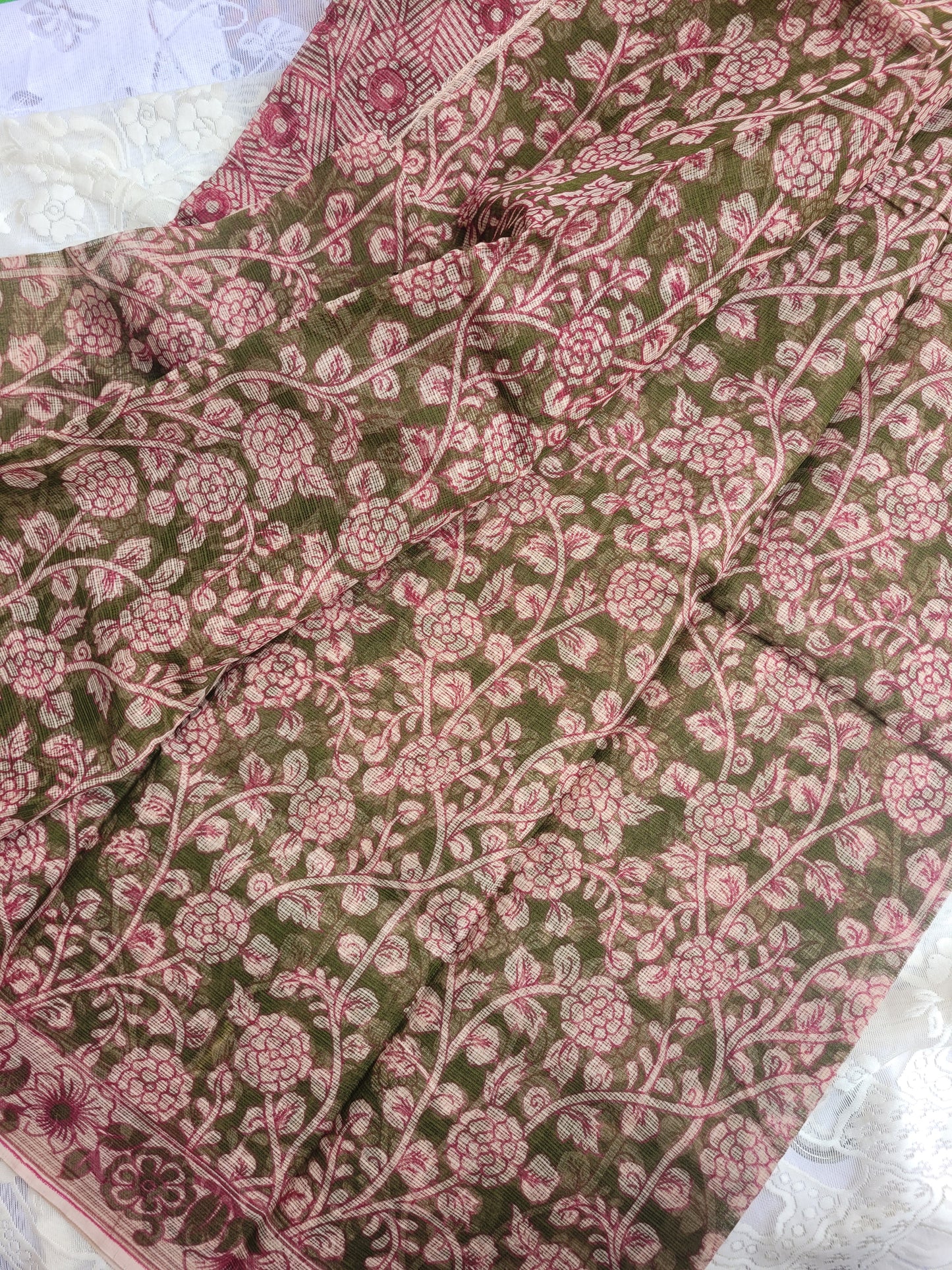 Kalamkari Kota cotton saree - without blouse (Mehandi Green Floral)