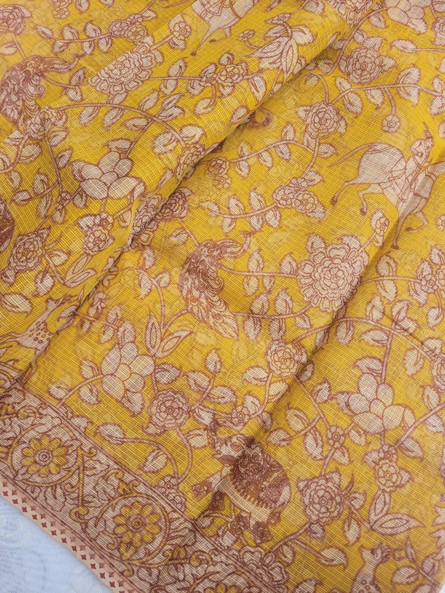 Kalamkari Kota cotton saree - without blouse (Floral Yellow)