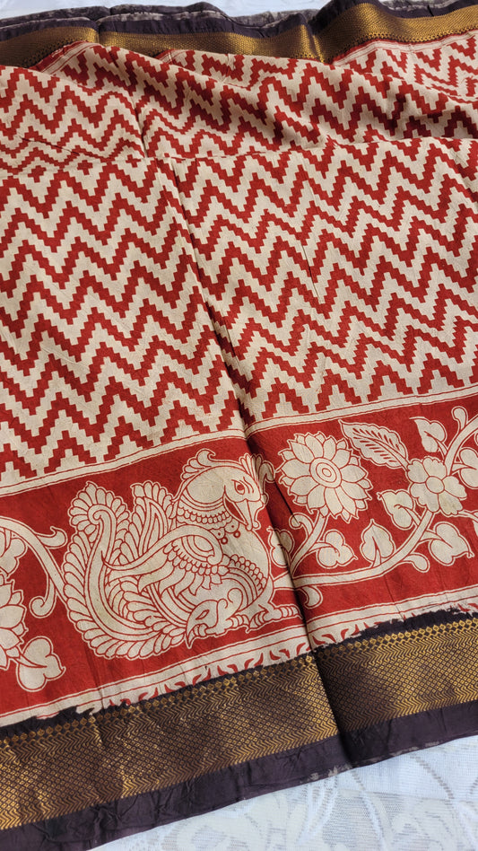 Red Stripes Screen Printed Kalamkari Chennur Silk Saree - Pattikah