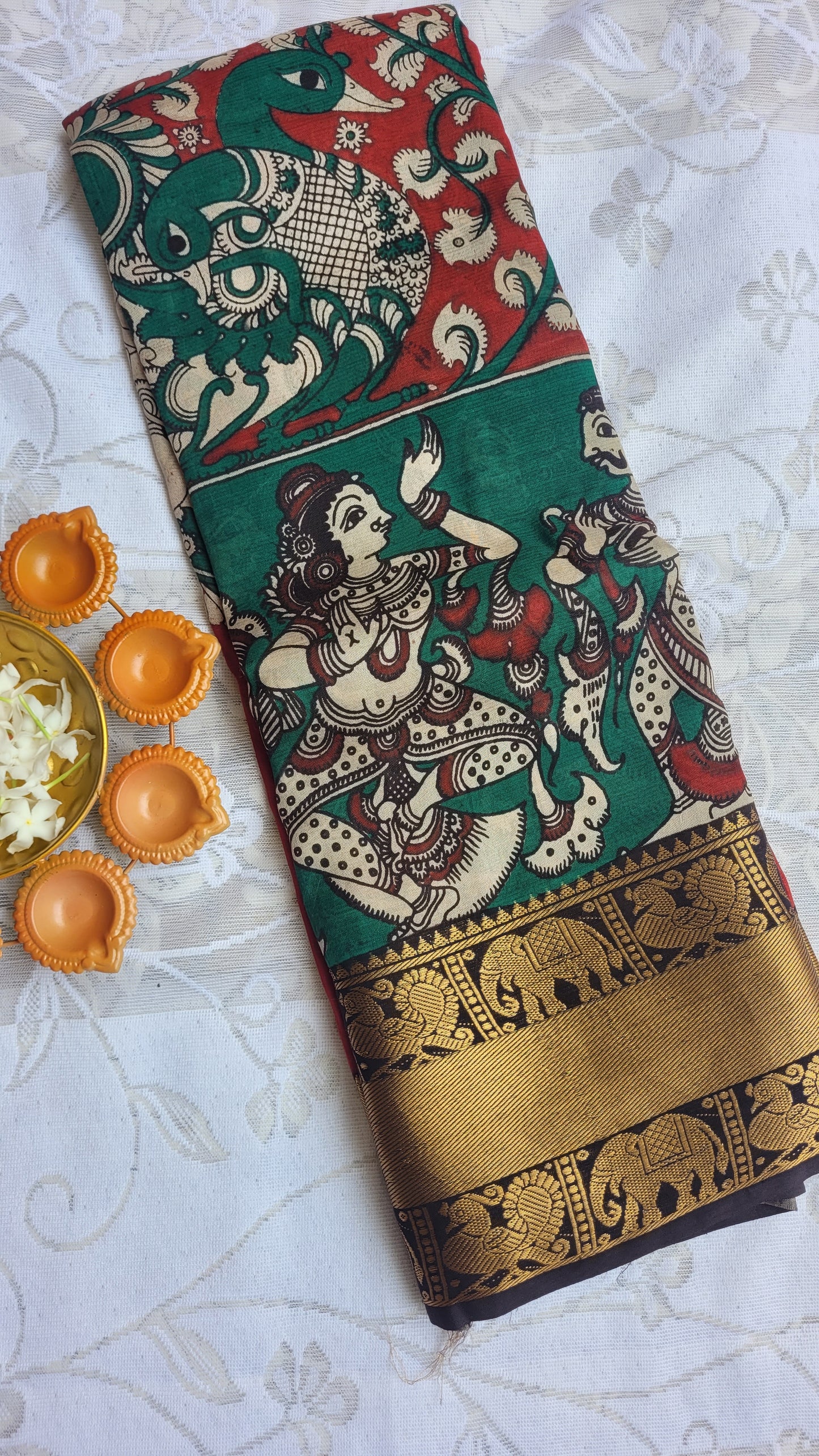 Red & Green Kanchi Border Kalamkari Screen Printed Chennur Silk saree - Ramani